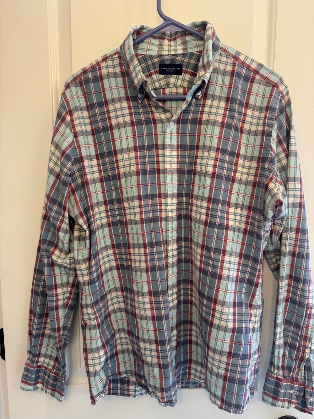 Proper Cloth Plaid Button-Down Shirt in Light Blue, Red & Navy